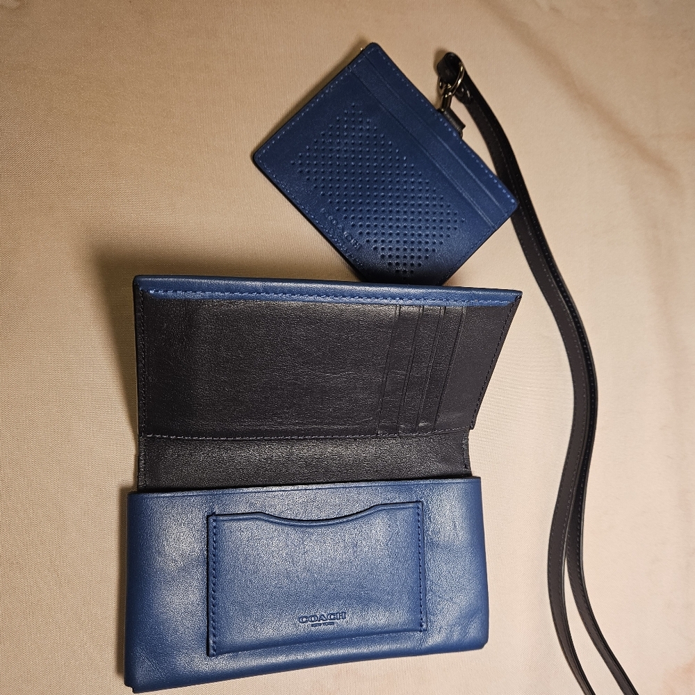 Coach Blue Leather Wallet And Lanyard/ Card ID Holder Set
